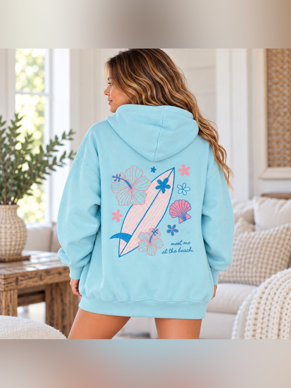 Sunkissed Coconut Lagoon Aqua Surfboard Hibiscus Embroidered Hoodie Small NWT